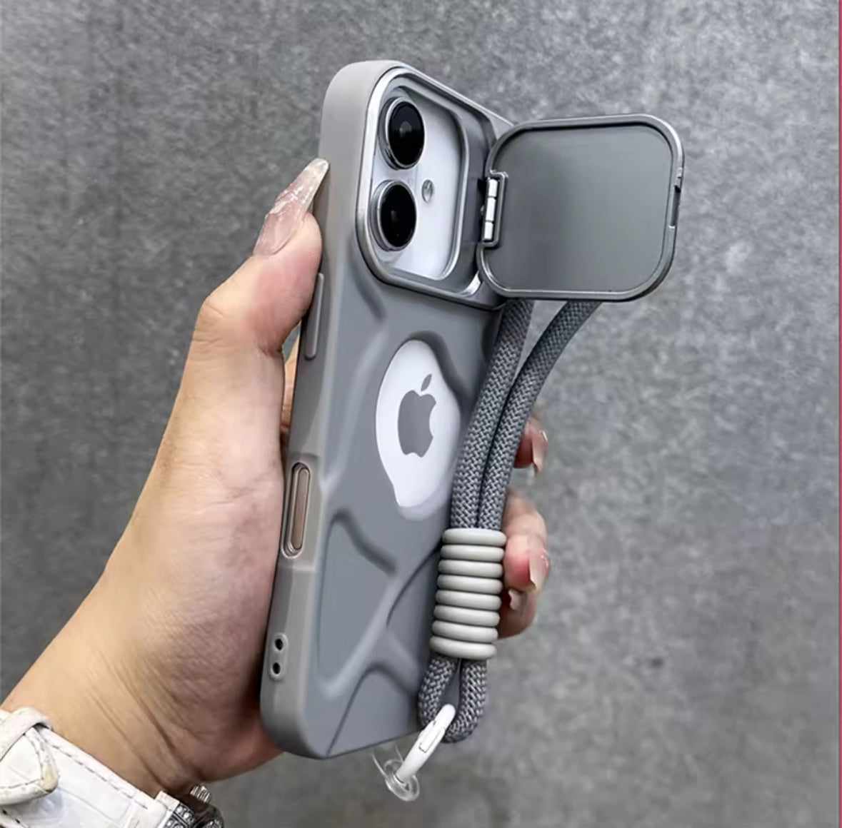 Laser Fold Camera Stand Holder Protect Case for iPhone Plus Armor Bracket with Nylon Wrist Strap Cover